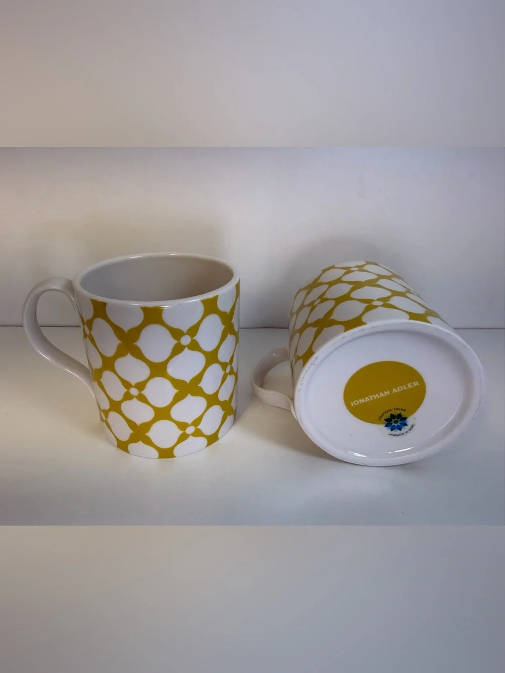 Jonathan Adler White and Yellow Trellis Ceramic Mug Pair